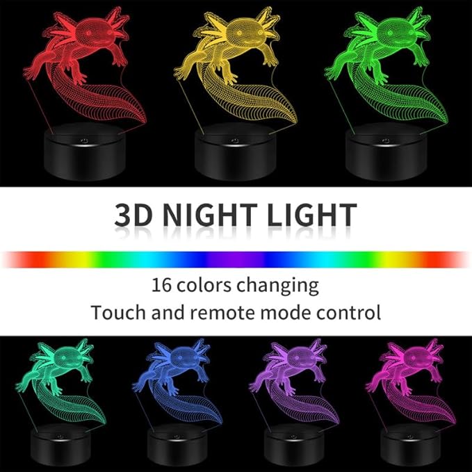 BASSI Axolotl Gifts 3D Axolotl Night Light 3D Illusion Lamp, 16 Colors Changing with Remote Kids Bedroom Decor, Birthday for Boys Girls