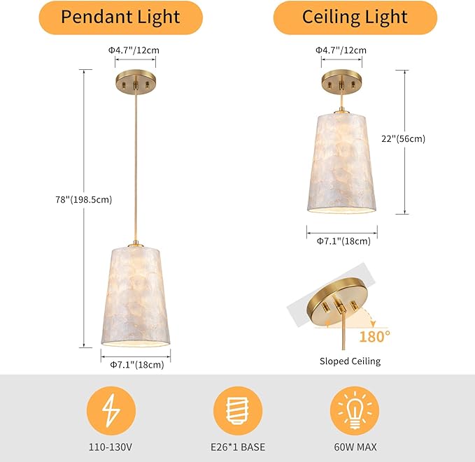 LumFurn D7 inch Capiz Shell Chandelier, 1-Light Coastal Design Pendant Light Fixture for Dining Room, Kitchen Island, D7xH18~66"(Adjustable Height), Shell Lampshade & Gold Finish (2-Pack)