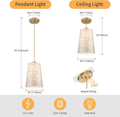 LumFurn D7 inch Capiz Shell Chandelier, 1-Light Coastal Design Pendant Light Fixture for Dining Room, Kitchen Island, D7xH18~66"(Adjustable Height), Shell Lampshade & Gold Finish (2-Pack)