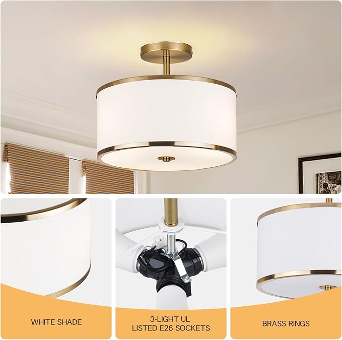 CALOKES Luxury Semi Flush Mount Ceiling Light, 3-Light Drum Lamp with Gold Brass Finish and Fabric Shade, Ideal for Bedroom, Kitchen, Dining Room, Hallway, Entryway, and Foyer, 12.6"