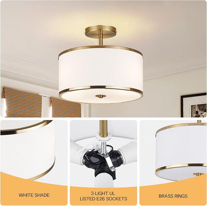 CALOKES Luxury Semi Flush Mount Ceiling Light, 3-Light Drum Lamp with Gold Brass Finish and Fabric Shade, Ideal for Bedroom, Kitchen, Dining Room, Hallway, Entryway, and Foyer, 12.6"