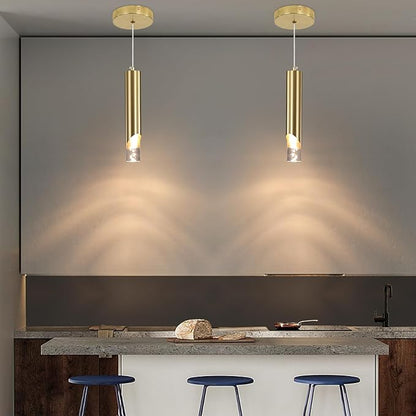 2 Pack Modern Gold Pendant Light Fixture, Acrylic Bubble Cylinder Hanging Lights, 3 Color Temperatures, Minimalist Ceiling Chandelier Lighting for Dining Room, Bedroom, Hallway, Bar, Kitchen Island