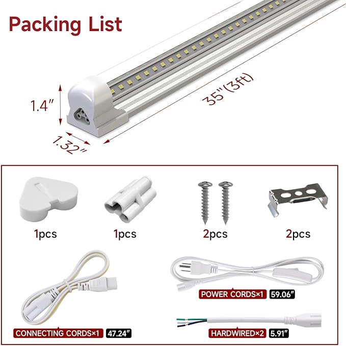 2-Pack 3FT LED Shop Lights, 30W 4680LM 5000K Super Bright, T8 Integrated LED Tube Light, 270 Degree Lighting for Garage Warehouse, Shop, Barn