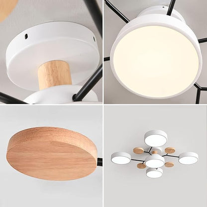 Dimmable LED Flush Mount Ceiling Light Fixture with 3000K-6000K Light Color Adjustable,40W 30Inch Chandelier Modern Wooden Ceiling Lamp for Bedroom Kitchen,5-Lights Indoor Lighting White Pendant Light