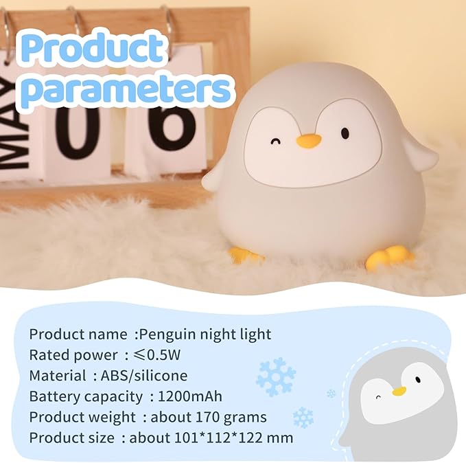 Penguin Silicone Night Light, 50H/12H Long Battery Life Touch Lamp with 30-Min Auto-Off Timer, Soft Dimmable Glow for Baby Kids Toddler Bedroom, Cute Mothers Day Gift for Children