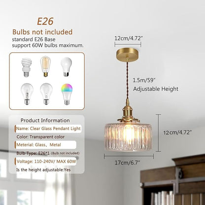 Glass Hanging Lights Kitchen Island Brushed Gold Ceiling Pendant Light Clear Round Light Fixture Striped Glass Shade Vintage Modern Pendant Lighting Chandelier Farmhouse Dining Room