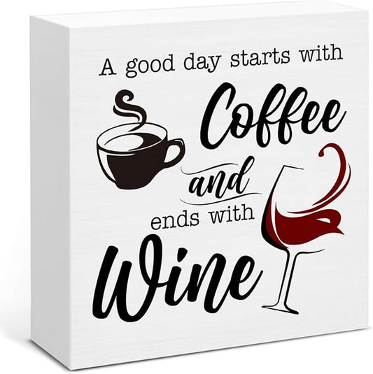 Coffee Wine Bar Decor Sign, Gifts For Colleagues Friends, Rustic Wood Block Sign for Home Kitchen Bar Shelf Table Decoration 5 x 5 Inches