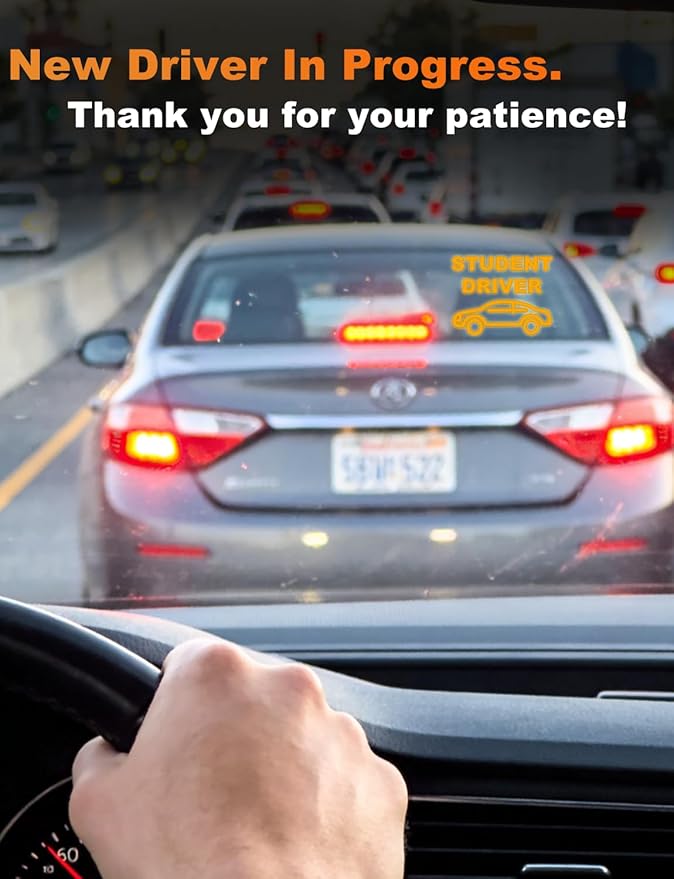 Student Driver LED Car Sign, New Driver Warning Sign, Amber Light Car Interior Accessories Suction Cup Mounted Gift for New Rookie Learner Drivers