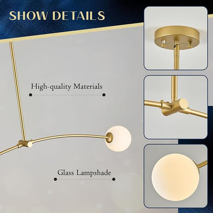 Mid Century Chandelier L45” Modern Gold Sputnik Light Fixture 2 Lights Milk Glass Globe Ceiling Pendant Lighting Contemporary for Kitchen Island Dining Room Home Office Bar