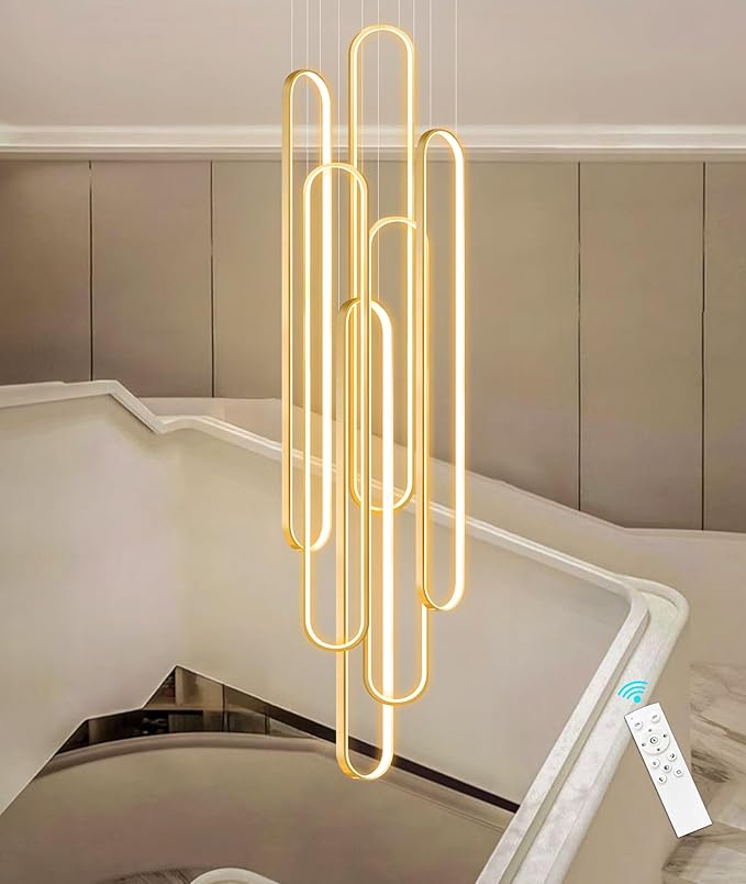 Modern Large Chandelier for Foyer LED Dimmable Black Chandeliers 6 Rings High Ceiling Chandelier for Staircase Living Room Villa