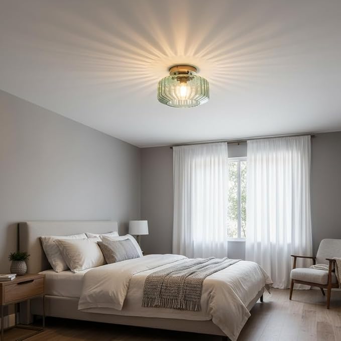 Sage Green Ribbed Glass Semi-Flush Mount Ceiling Light, 8.66" Mid-Century Modern Gold Light Fixture, E26 Base 1-Light Ceiling Lamp for Bedroom Bathroom Kitchen Hallway