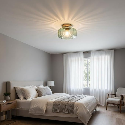 Sage Green Ribbed Glass Semi-Flush Mount Ceiling Light, 8.66" Mid-Century Modern Gold Light Fixture, E26 Base 1-Light Ceiling Lamp for Bedroom Bathroom Kitchen Hallway