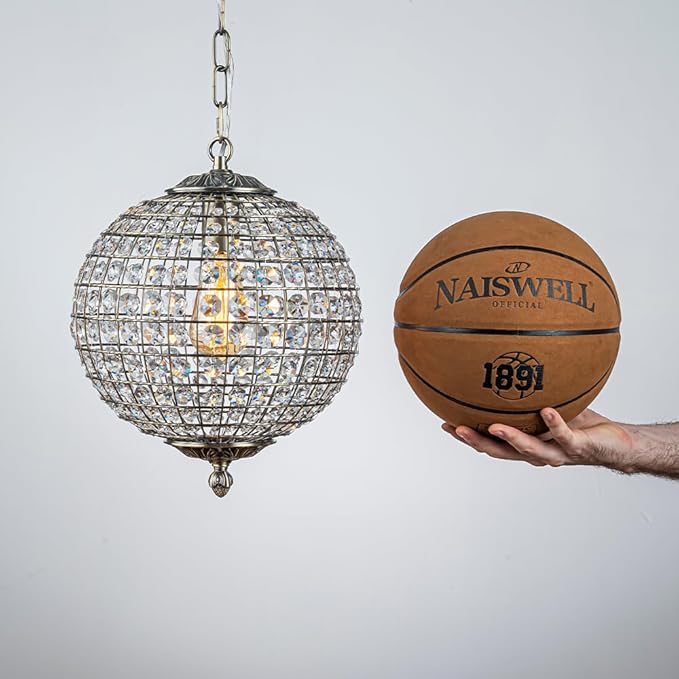 ALOADECOR 1-Light W12 in. Retro Antique Gold Globe Chandelier Small Crystal Vintage Cage-Style Shade Pendant Light for Kitchen Island Sphere Light Fixture for Bedoom