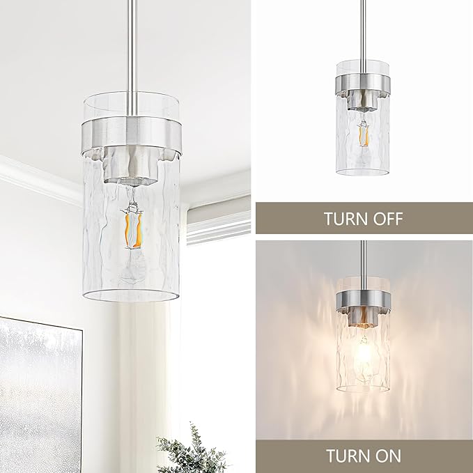 Water Ripple Glass Pendant Lights Kitchen Island Brushed Nickel Pendant Light Fixtures Adjustable Modern Mini Hanging Light for Sink Dining Room Foyer Entryway Bar, 2 Pack