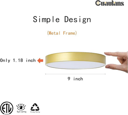 9 Inch Gold Metal Flush Mount LED Ceiling Light, 3000-5000k 20W Thin Round Modern Ceiling Light Fixture, Low Profile Ceiling Lamp for Bedroom, Living Room, Entryway, Bathroom, Kitchen