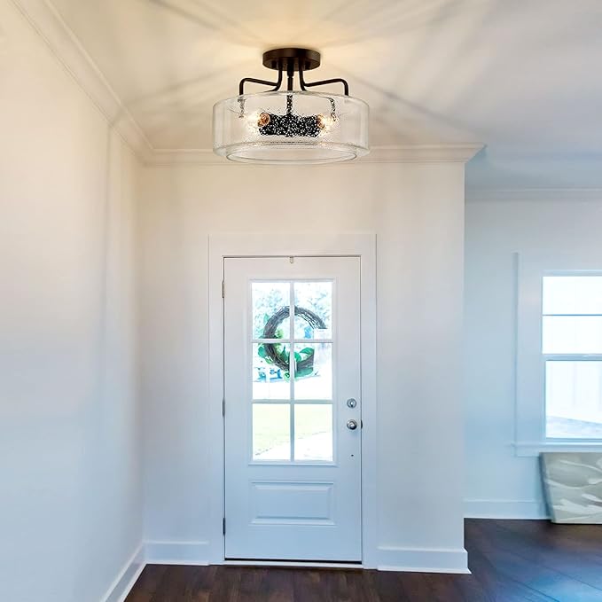 classy leaves Semi Flush Mount Ceiling Light, 4 Lights Farmhouse Flush Mount Ceiling Light Fixture with Drum Seeded Glass Shade for Hallway, Bedroom, Kitchen, Foyer and Bathroom, Oil Rubbed Bronze