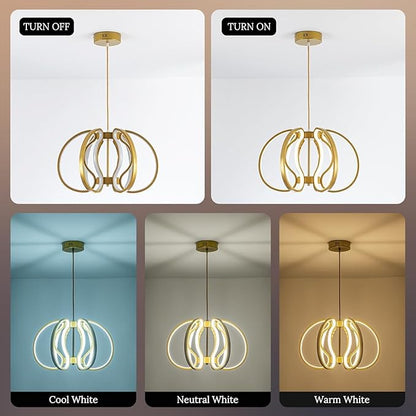 Modern Gold Chandelier with Remote Control, 69W 3-Color Temperature Dimmable LED Chandelier for Dining Room, Hanging Adjustable Pendant Light for Living Room Kitchen Foyer Entryway