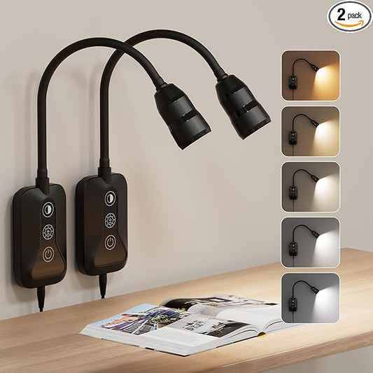 Wall Mounted Reading Light for Bed, Headboard Light with 360° Flexible Arm, Hand Wave Sensor, Focused 60° Beam, 5 Color Temperatures, Stepless Dimming, Memory Function, USB-C Output, Black 2 Pack