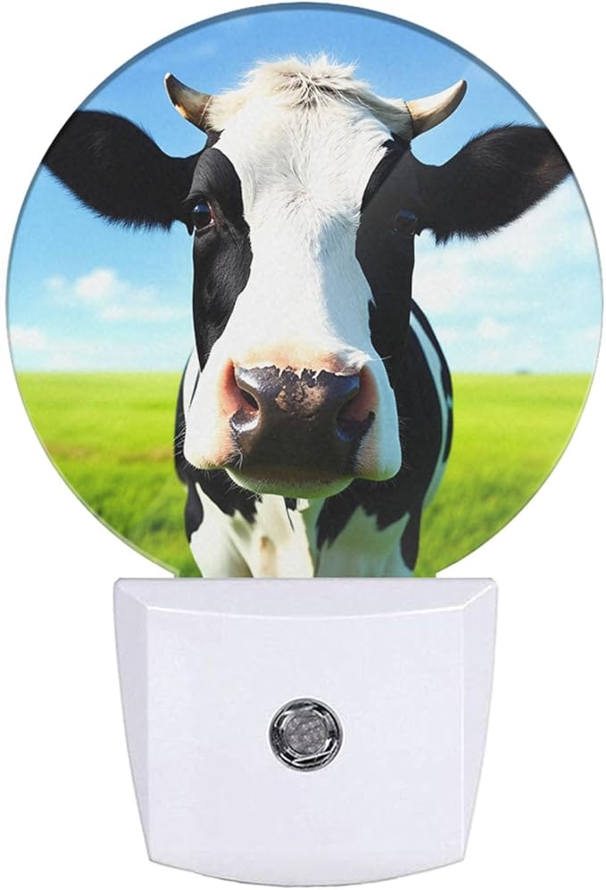 EKOBLA Dairy Cow Plug-in Night Light, Black & White Farm Cow LED Nightlight with Auto On/Off for Bedroom, Bathroom & Living Room
