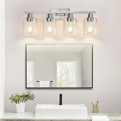 MOKATNG 4-Light Bathroom Light Fixtures, Vanity Light with Clear Glass Shades, Brushed Nickel Bathroom Light Fixtures Over Mirror, Modern Bathroom Wall Lamp for Mirror Living Room Cabinet Bedroom