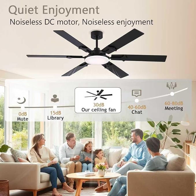 NKPU 66 Inch Large Ceiling Fans with Lights and Remote, Black Modern Indoor/Outdoor Ceiling Fan for Living Room Kitchen Patio, 6 Speed Reversible DC Motor, 3 CCT Lighting, Dual Finish 6 Blades