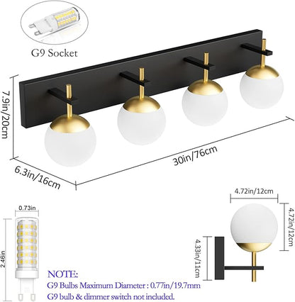 Ralbay Mid Century Modern Vanity Lights - 4-Light Milky Glass Globe Modern Bathroom Vanity Lights Over Mirror, Black/Golden Bathroom Wall Light Fixture