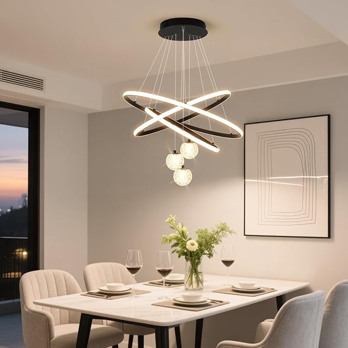 ORANOOR LED Modern 3 Ring Chandeliers for Dining Room, 24in Dimmable Kitchen Pendant Lamp, Black Dining Room Light Fixtures Ceiling Hanging Over Table, Globe Round Chandeliers for Living Room Bedroom