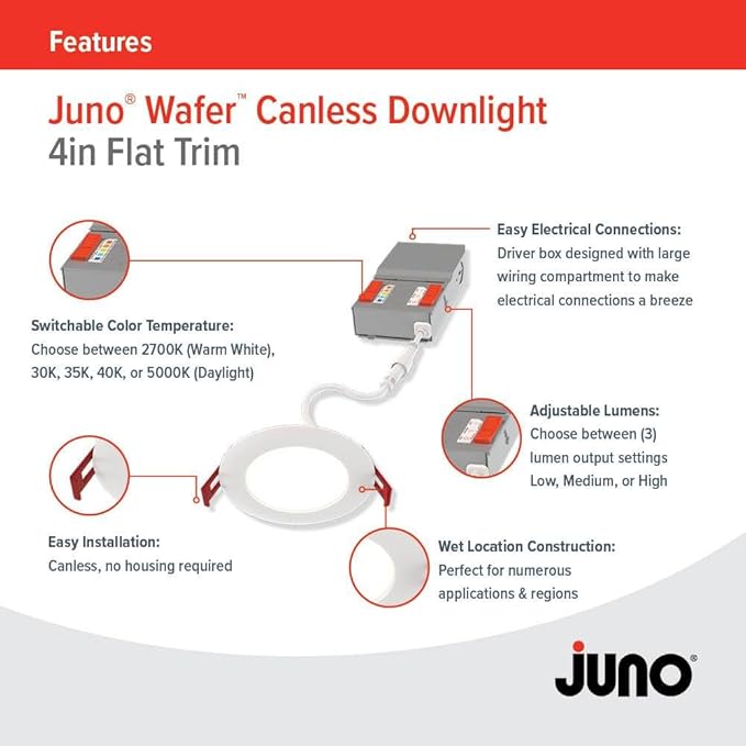 Juno LED Recessed Lights 4 Inch Round Baffle Wafer Downlight, 5-in-1 Switchable White Color Temperature, Adjustable Brightness, 120 Volts, 4-Inch Flat Trim, Matte White (12-Pack)
