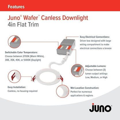 Juno LED Recessed Lights 4 Inch Round Baffle Wafer Downlight, 5-in-1 Switchable White Color Temperature, Adjustable Brightness, 120 Volts, 4-Inch Flat Trim, Matte White (12-Pack)