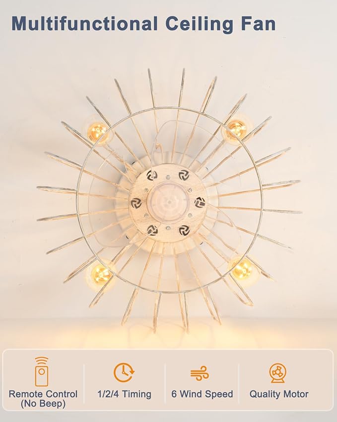 Farmhouse Ceiling Fan with Lights and Remote, 18 inch Low Profile Flush Mount Industrial Ceiling Fan Chandelier, Rustic Enclosed Fan Light for Kitchen Dining Room Bedroom