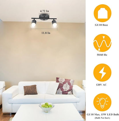 BoostArea LED 2 Light Track Lighting Kit, Black 2 Way Ceiling Spot Lighting, Flexibly Rotatable Light Head for Kitchen, Living Room, Bedroom, GU10 Bulb Not Included