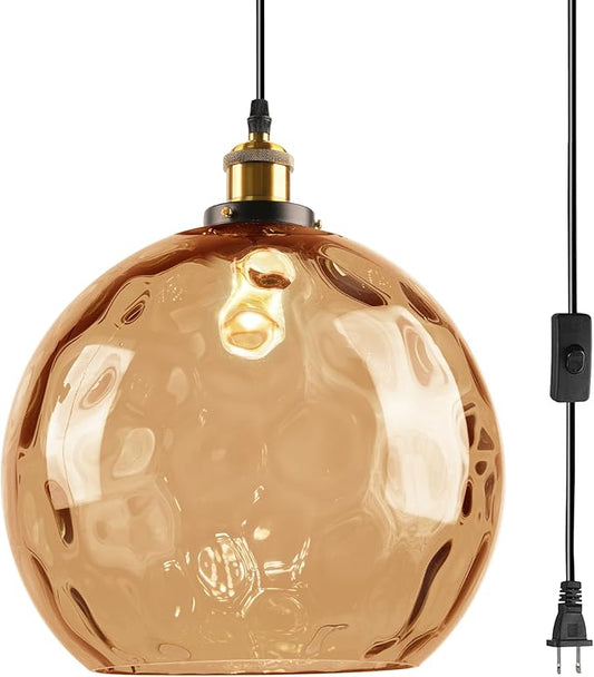 Amber Pendant Lamp Plug in, 13.8" Large Glass Globe Hanging Light Plug in Hanging Lamp with Cord, Vintage Hammered Glass Corded Pendant Light Fixture for Kitchen Dining Room Living Room