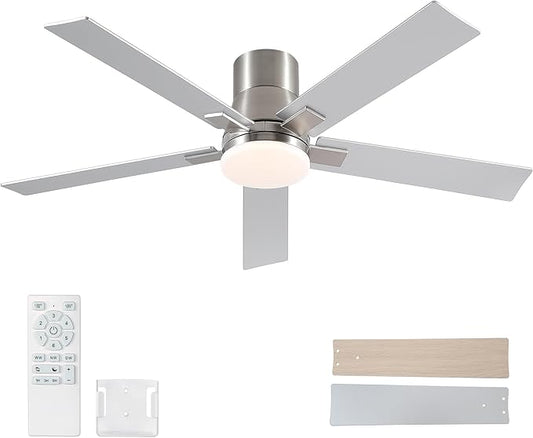 52 Inch Ceiling Fans with Lights and Remote,Flush Mount Brushed Nickel Ceiling Fan,6 Speed Reversible DC Motor, 3CCT Dimmable LED-Low Profile Design for Bedroom, Living room & Covered Outdoor