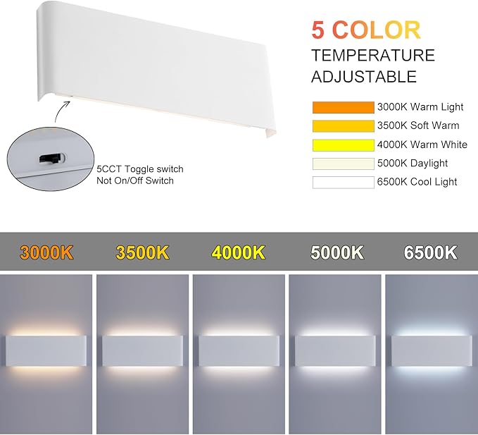 Mille Luckiole 15Inch Bathroom Vanity Mirror Light,Dimmable 3000K-6500K 5 Color Selectable Hallway LED Wall Light,Modern LED Sconce Wall for Stairwell,Bedroom,20W White 2Pack Up and Down Led Wall Lamp