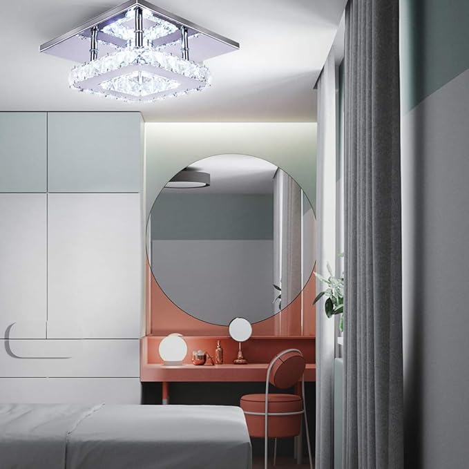 Modern Crystal Chandelier 7.9 Inches Led Ceiling Light Mini Square Flush Mount Ceiling Light for Bedrooms Dinning Rooms Hallway(Cool White,15W)