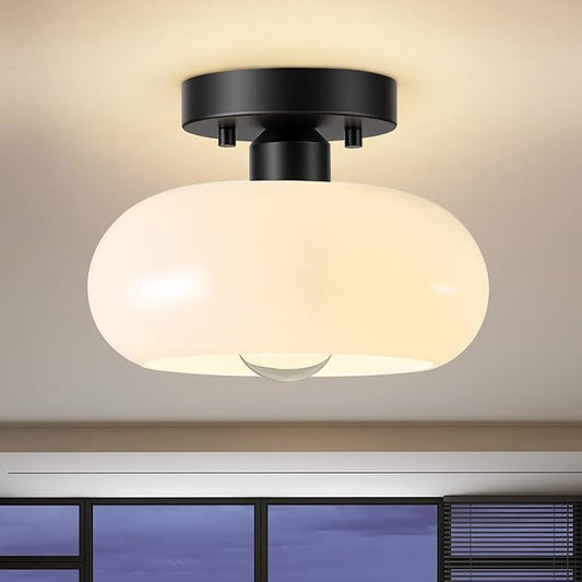 Mid-Century Modern Black Semi Flush Mount Ceiling Light,White Glass Dome Hallway Lighting Fixtures, Metal Close to Ceiling Lamp for Entryway Bathroom Kitchen Bedroom Porch Foyer Office(8.66 Inch)