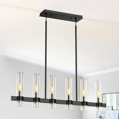 Island Lights for Kitchen,6-Light Modern Farmhouse Chandeliers for Dining Room,Large Linear Pendant Light Fixtures,Adjustable Height Hanging Dining Room Chandelier Over Table,Clear Glass Shade