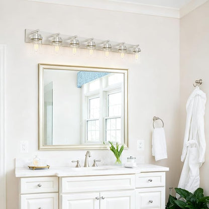 IZORRO Bathroom Vanity Light Fixture, 7-Light 52 inch Brushed Nickel Bathroom Light Fixtures Over Mirror, with Clear Glass Shade, Modern Farmhouse Vanity Lights, Rustic Restroom Lighting Fixtures