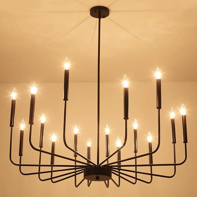 WOKNOS Modern Black Farmhouse Chandeliers, 16-Light Industrial Metal Chandelier Lighting, Classic Candle Hanging Pendant Light Fixtures for Kitchen Island, Living Room, Dining Room, Stair