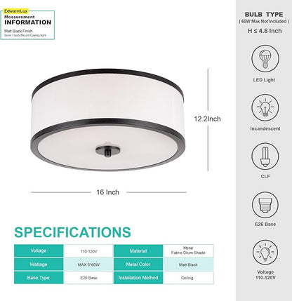 EdwarmLux 3-Light Flush Mount Ceiling Light Fixture, 12.6 " Drum Light with White Fabric Shade, Modern Close to Ceiling Light for Living Room Bedroom Dining Room Kitchen Hallway Entry (Matt Black)