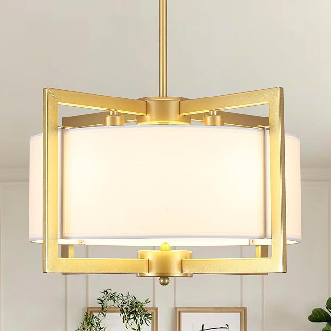 4-Light Modern Chandelier for Dining Room, 18'' Drum Pendant Light Fixture Chandelier with Fabric Shade, Farmhouse Chandeliers Hanging Lighting Fixtures for Foyer Entryway Living Room, Gold