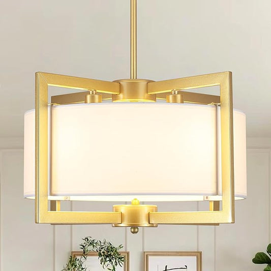 4-Light Modern Chandelier for Dining Room, 18'' Drum Pendant Light Fixture Chandelier with Fabric Shade, Farmhouse Chandeliers Hanging Lighting Fixtures for Foyer Entryway Living Room, Gold