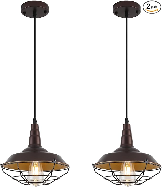 Brown Farmhouse Pendant Light 2 Pack, Vintage Industrial Cage Pendant Light Fixtures, 10.2" Rustic Kitchen Pendant Lighting Over Island Dining Room Barn