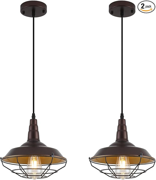 Brown Farmhouse Pendant Light 2 Pack, Vintage Industrial Cage Pendant Light Fixtures, 10.2" Rustic Kitchen Pendant Lighting Over Island Dining Room Barn