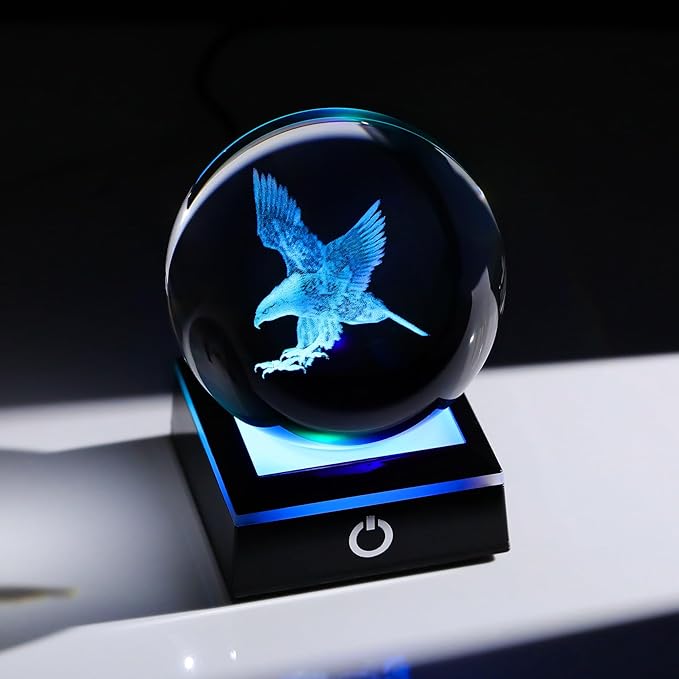 Arikyrist 3D Eagle Figurine Crystal Ball with Colorful Light Base, Eagle Gifts for Women Men, Modern Home Office Decor