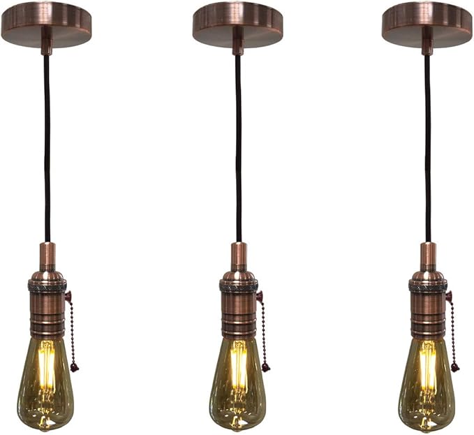 Royal Designs, Inc. Hanging Pendant Lighting, Vintage-Style Pull Chain Pendant Light Socket and Canopy, Antique Copper with Brown Rayon Fabric Cord