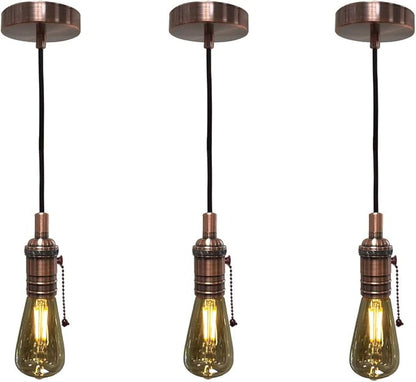 Royal Designs, Inc. Hanging Pendant Lighting, Vintage-Style Pull Chain Pendant Light Socket and Canopy, Antique Copper with Brown Rayon Fabric Cord