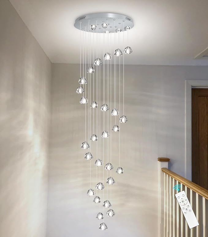 HAIXIANG 13ft Modern LED Chandeliers for Entryway Living Room Long Light High Ceiling Dining Room Light Dimmable Pendant Lighting Fixtures Chandelier for Foyer Staircase Polished Chrome