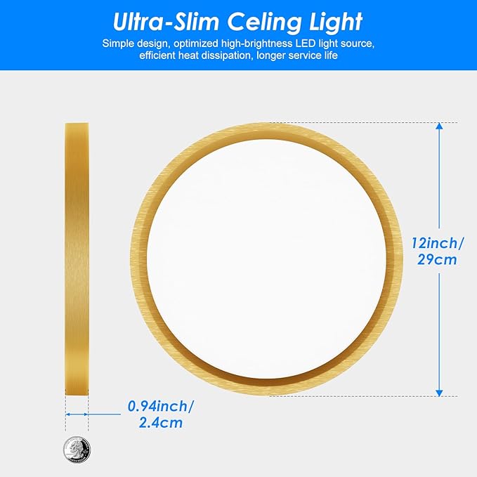 Peasur 12 Inch LED Ceiling Light Gold, 24W Slim Flush Mount Ceiling Light 3000K/4000K/6500K Adjustable, Modern Round Ceiling Lighting for Bedroom, Living Room, Kitchen