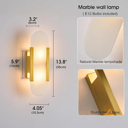 Fanyank-13.8in Alabaster Wall Sconce,Natural Marble Wall Lighting，Gold Wall Light Fixtures for Bedroom Stairs, Living Room, Vanity, Hallway Bedside(Bulb Included)